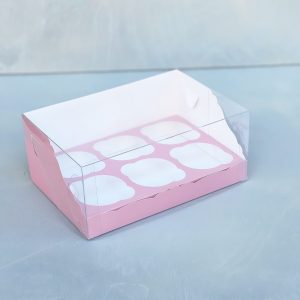 Коробка на 6 капкейков с прозрачной крышкой Розовая, 245х155х100 мм