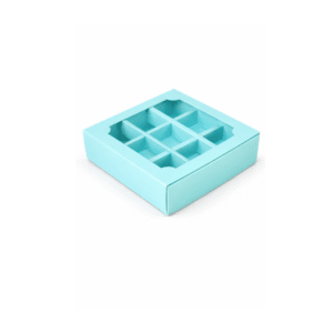 Коробка под 9 конфет мятная с окном и крышкой-пеналом 135*135*35 мм